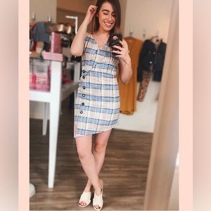 JOA Sky Blue Plaid Asymmetrical Mini Dress